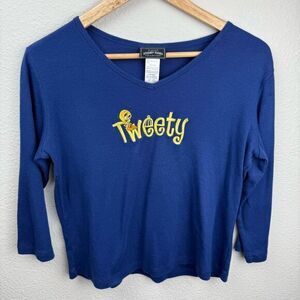 Y2K Tweety Shirt Women's L Blue Looney Tunes Classic Embroidered Grunge‎ Cartoon